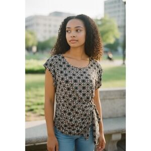 FYLO LONDON Geometric Print Asymmetrical Draped Top Medium